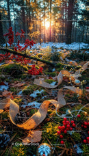 Winter forest floor with festive berries and glowing lights
