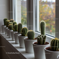 Collection of Green Cacti in White Pots on Windowsill with Autumn View
