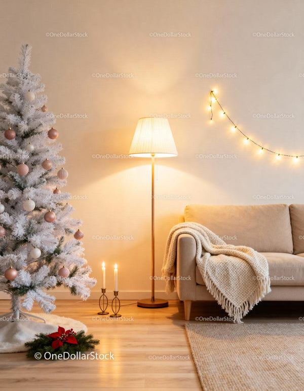 Cozy living room with white Christmas tree and warm lighting