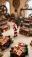 Santa Claus and Elves Wrapping Christmas Gifts in Workshop