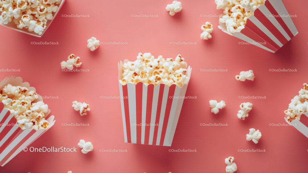 Popcorn in striped box on pink background for movie or snack themes
