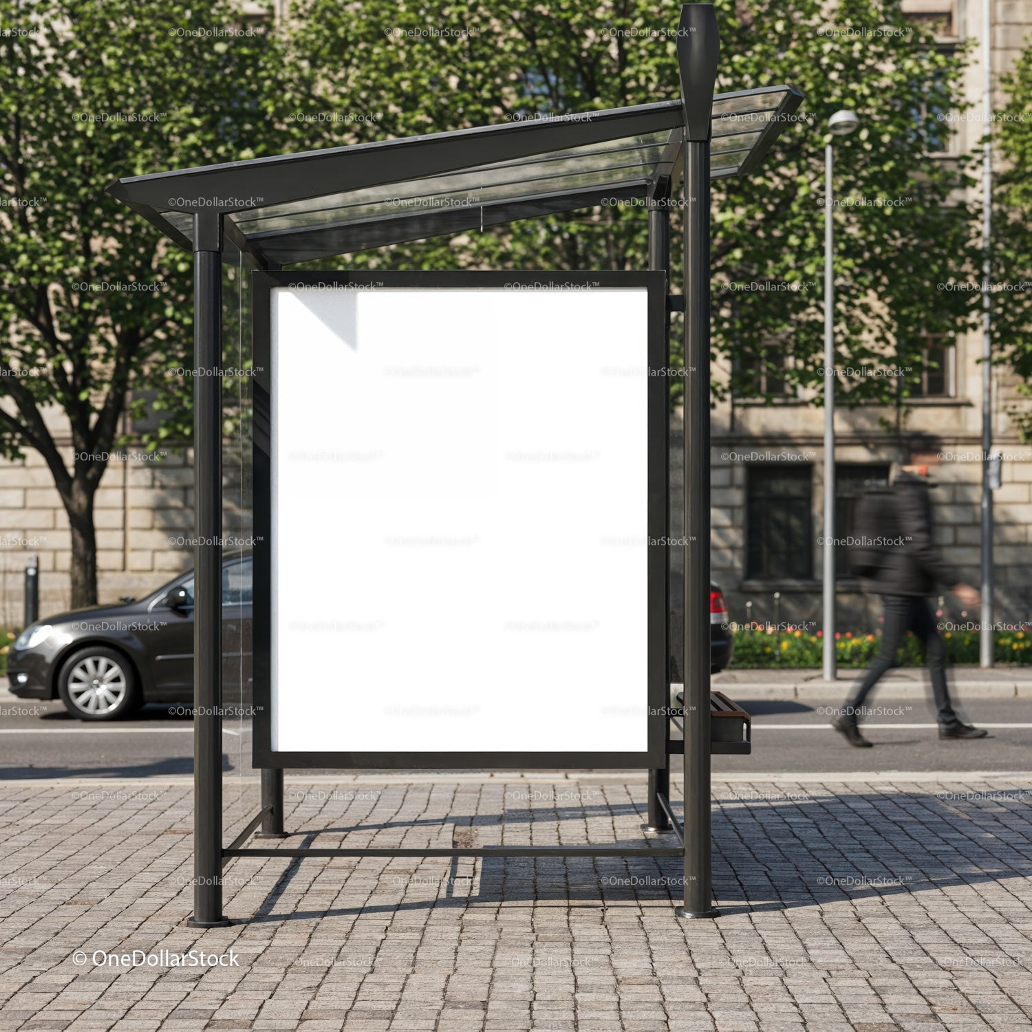 Empty urban bus stop billboard with pedestrian background