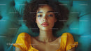 Young Woman with Curly Hair Wearing Yellow Dress Relaxing on Teal Surface