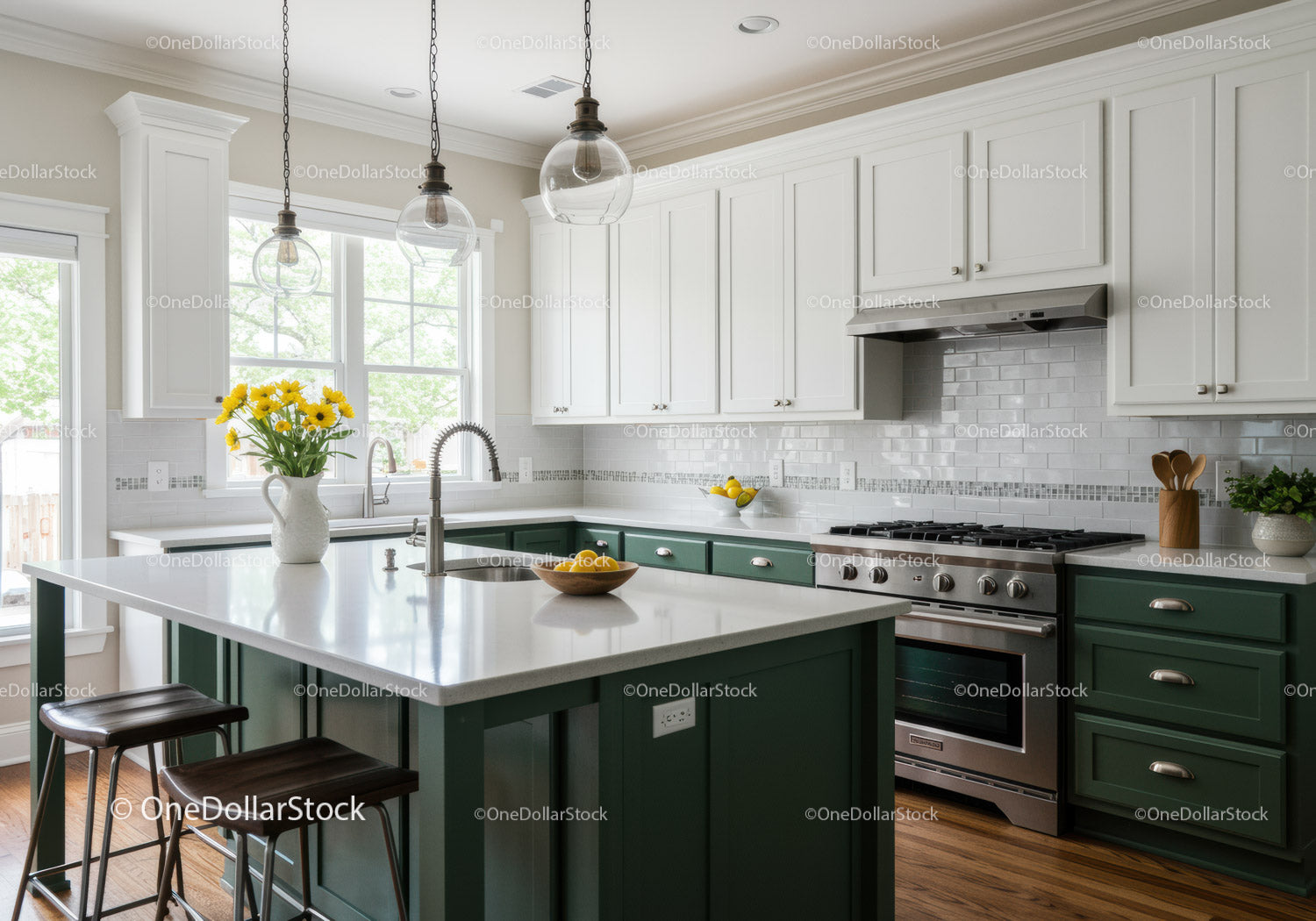 Modern Kitchen with White Cabinets and Green Island for Home Cooking