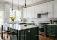 Modern Kitchen with White Cabinets and Green Island for Home Cooking