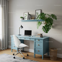 Modern Cozy Home Office with Blue Desk and Green Monstera Plant