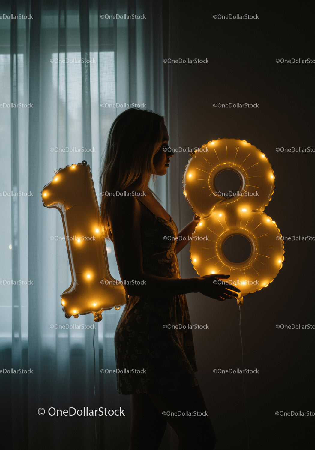 Silhouette of Young Woman Holding Lighted Birthday Balloons