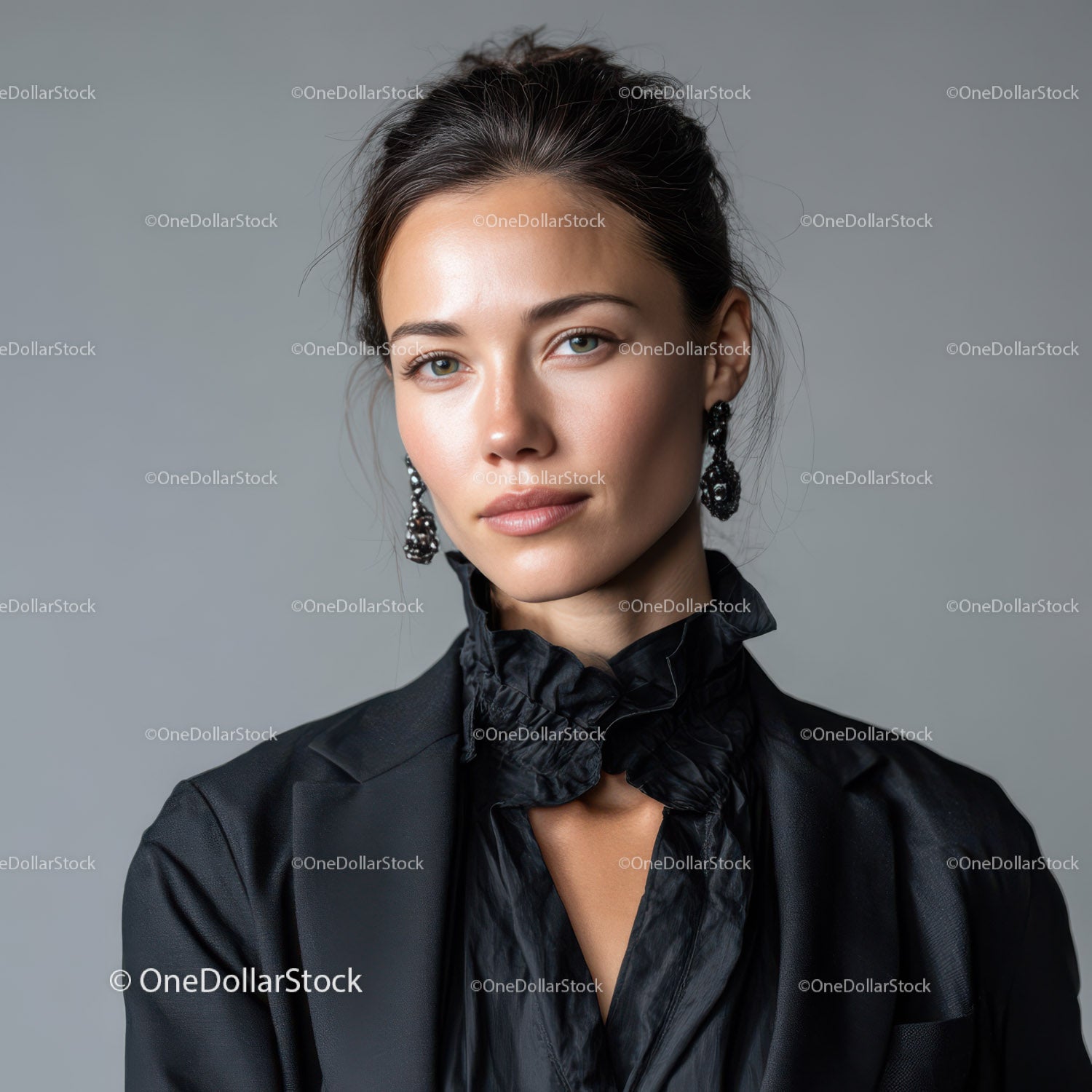 Elegant Woman in Black Satin Blouse and Statement Earrings