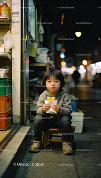 Child Sitting on Street Eating Snack at Night