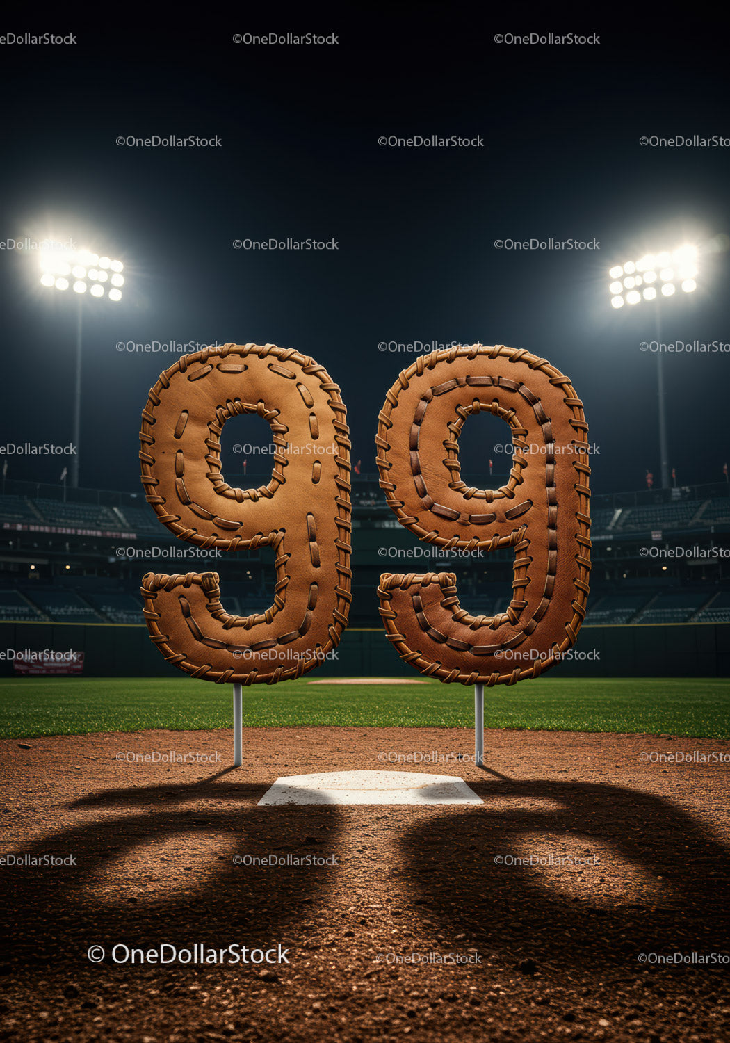 Numery z rękawic baseballowych na boisku nocą