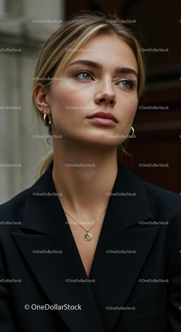 Elegant Young Woman in Black Business Suit Outdoors