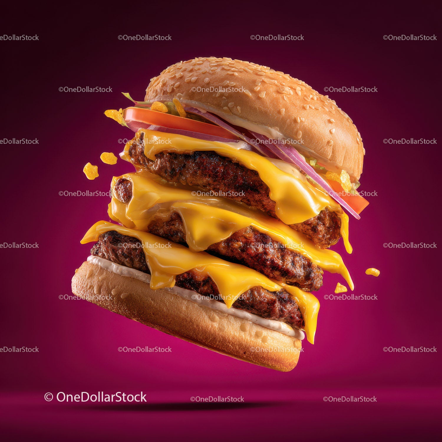 Layered Cheeseburger with Double Patties and Melting Cheese in Sesame Bun