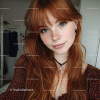Young Woman with Red Hair and Blue Eyes in Casual Fashion