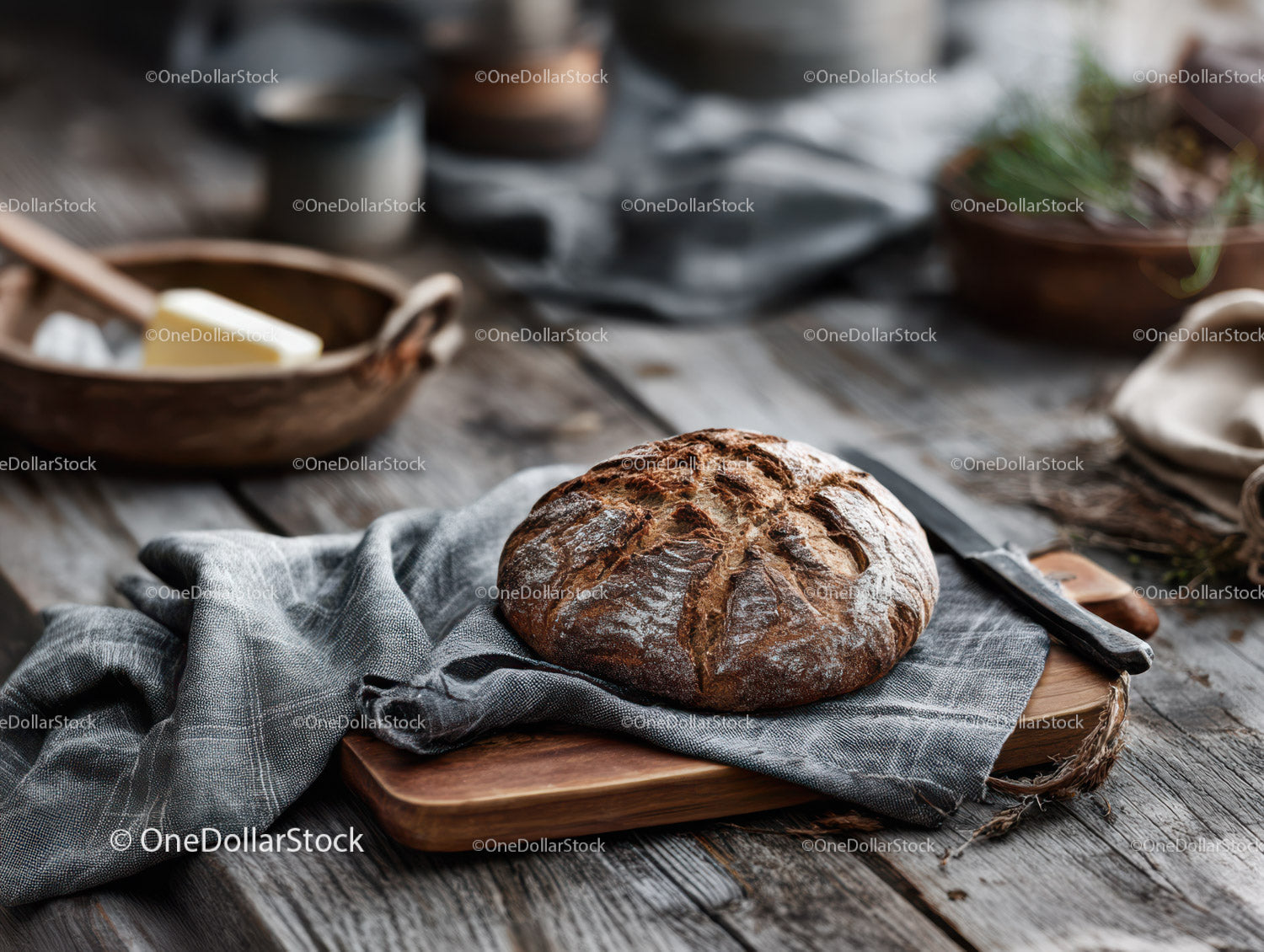 Rustic Artisan Sourdough Bread on Wooden Board in Cozy Kitchen