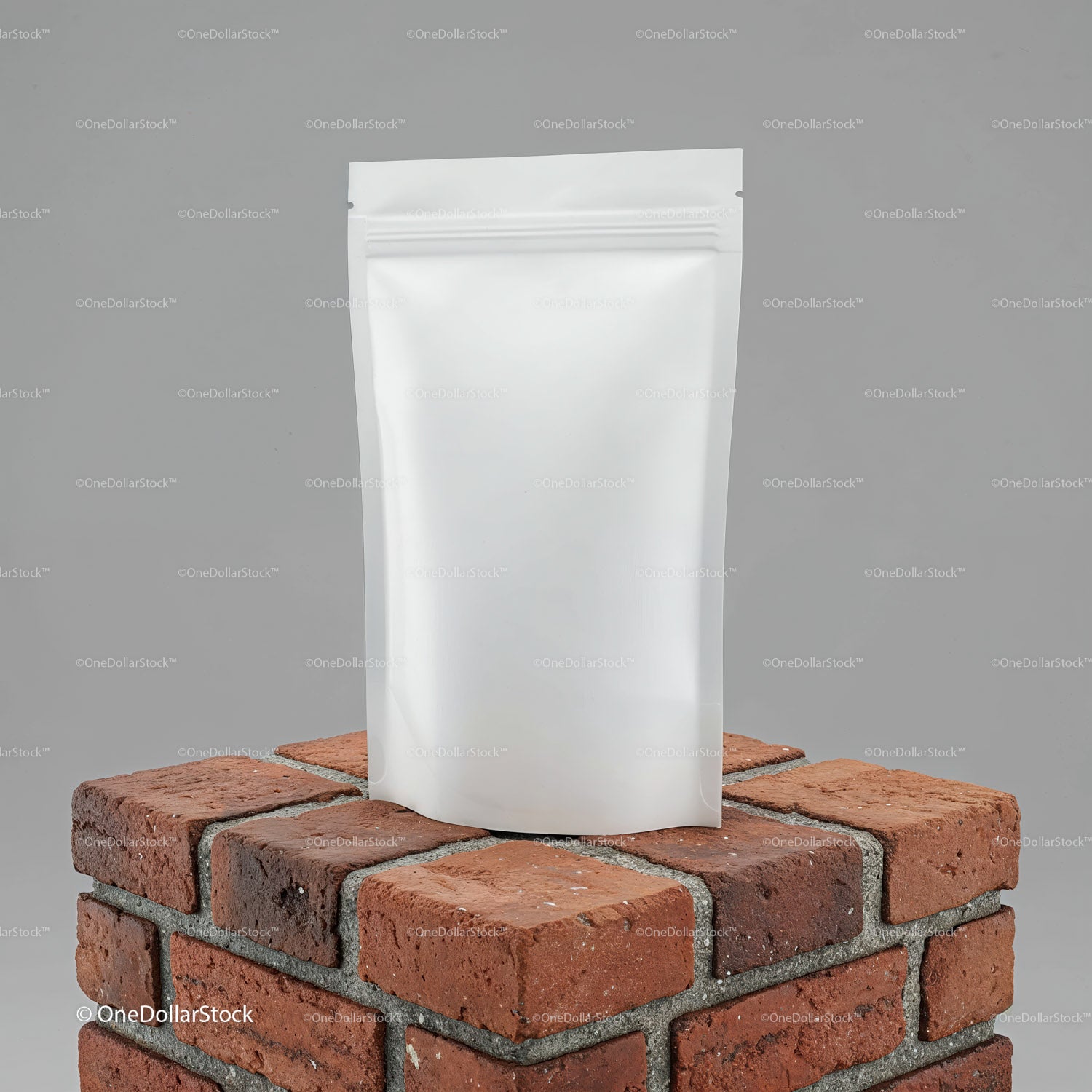 Plain white resealable pouch on brick pedestal
