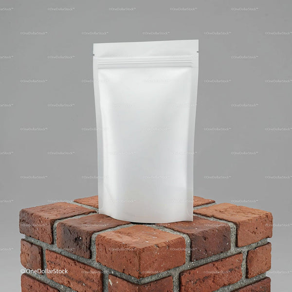 Plain white resealable pouch on brick pedestal JPG Mockup Image