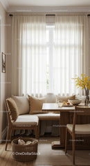 Bright Cozy Dining Nook with Cream Curtains and Wooden Furniture