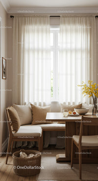 Bright Cozy Dining Nook with Cream Curtains and Wooden Furniture