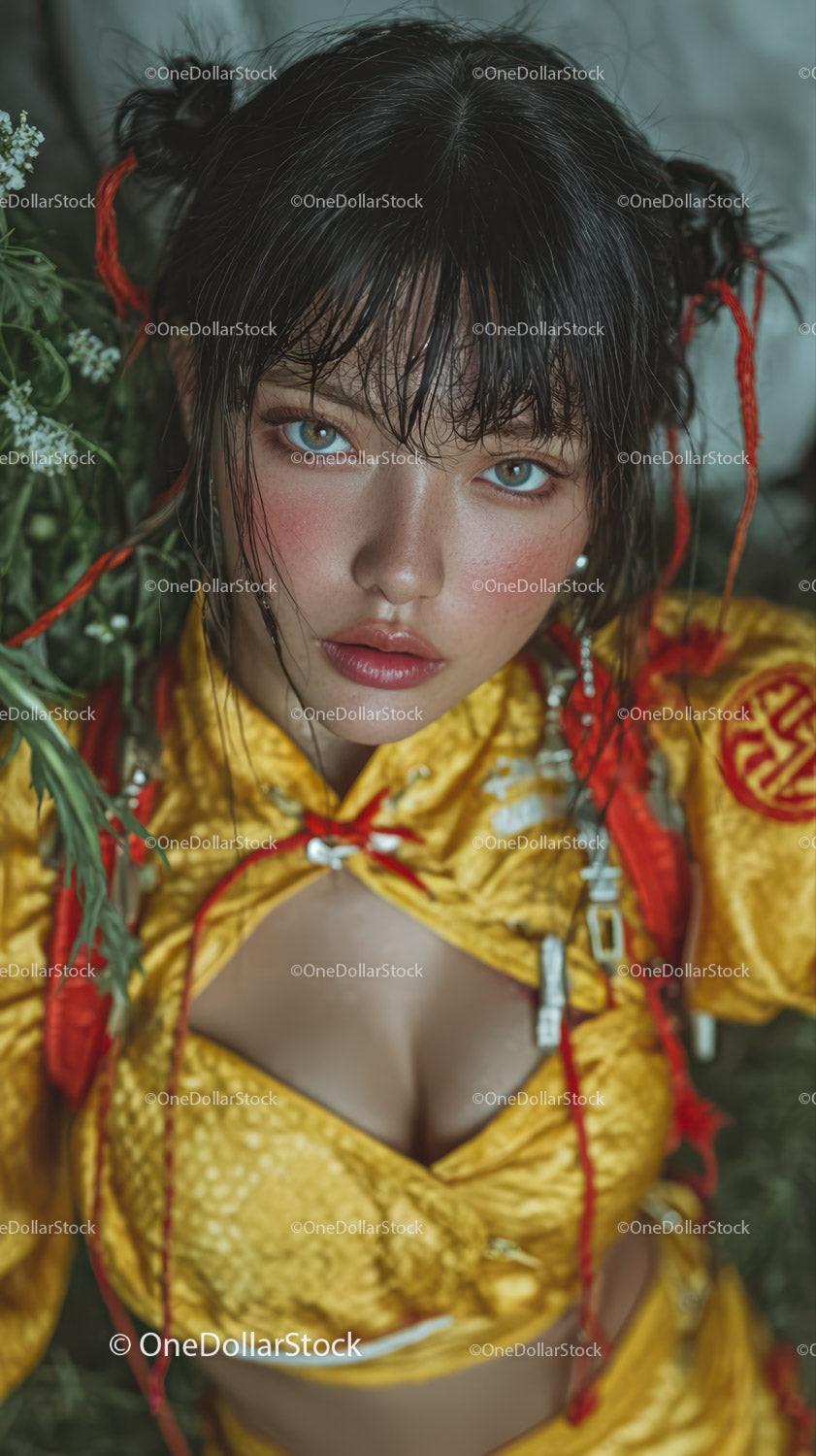 Young Woman with Wet Hair in Traditional Yellow Asian-Style Jacket