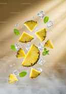 Fresh pineapple slices with mint and ice cubes in air