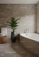 Luxury Modern Bathroom Featuring Beige Marble Tiles and Greenery