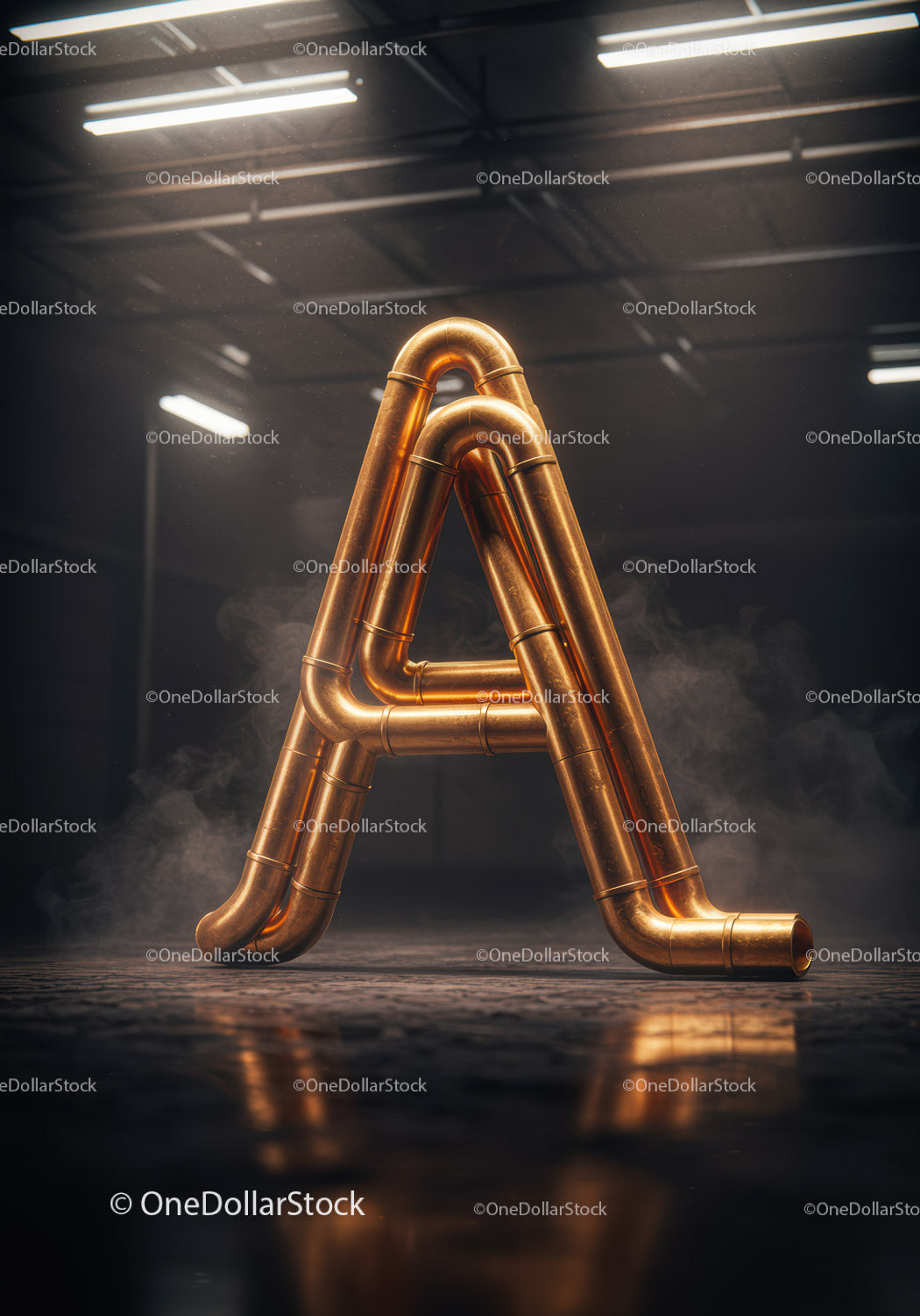 Industrial copper pipes shaped like letter A in dark space