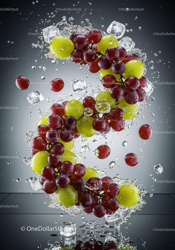Fresh red and green grapes splashing with ice cubes