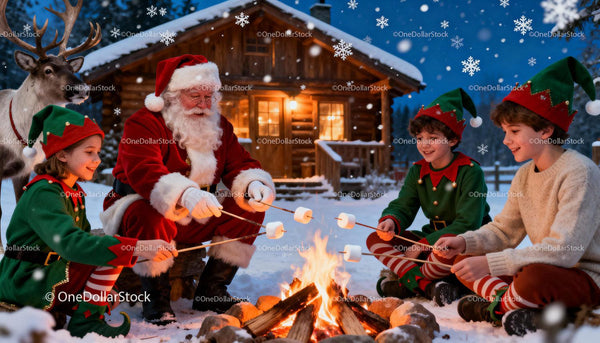 Santa and Children Roasting Marshmallows by Cabin Fire