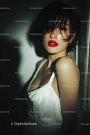 Elegant Woman with Red Lips in Stylish Evening Dress