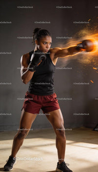 Focused female boxer throwing a powerful punch