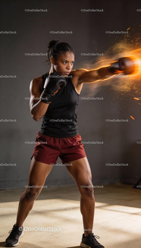 Focused female boxer throwing a powerful punch