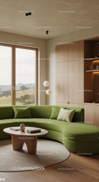 Modern Living Room with Curved Green Sofa and Scenic View