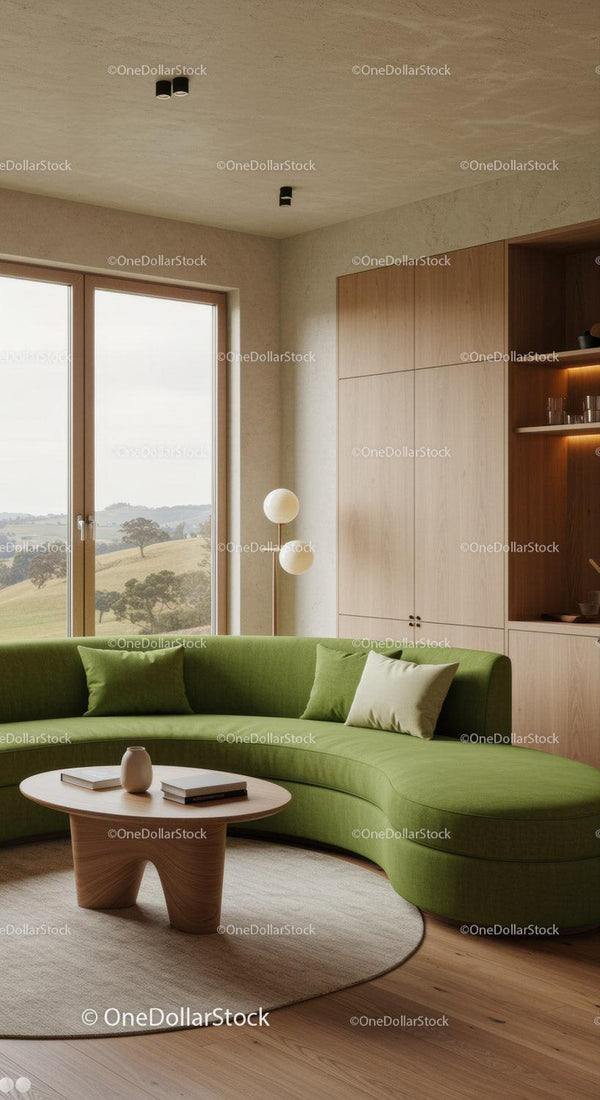 Modern Living Room with Curved Green Sofa and Scenic View