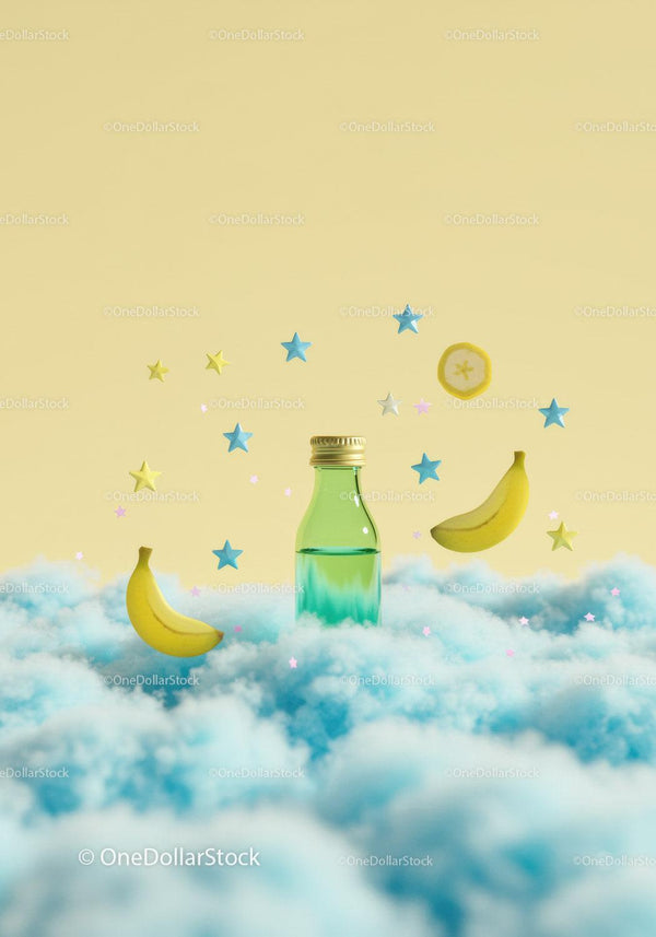 Green bottle floating among clouds with bananas and stars JPG Mockup Image