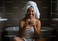 Young Woman with Towel Wrap Enjoying Moment in Modern Bathroom