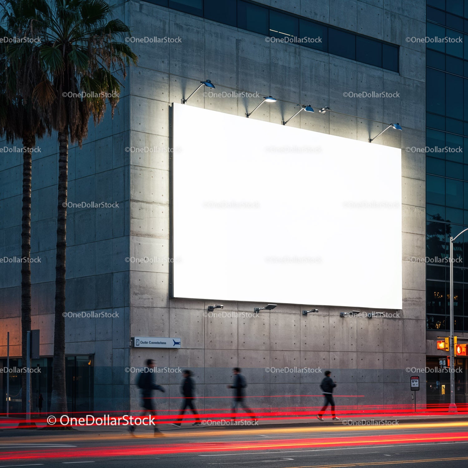 Urban street scene with illuminated city billboard at dusk