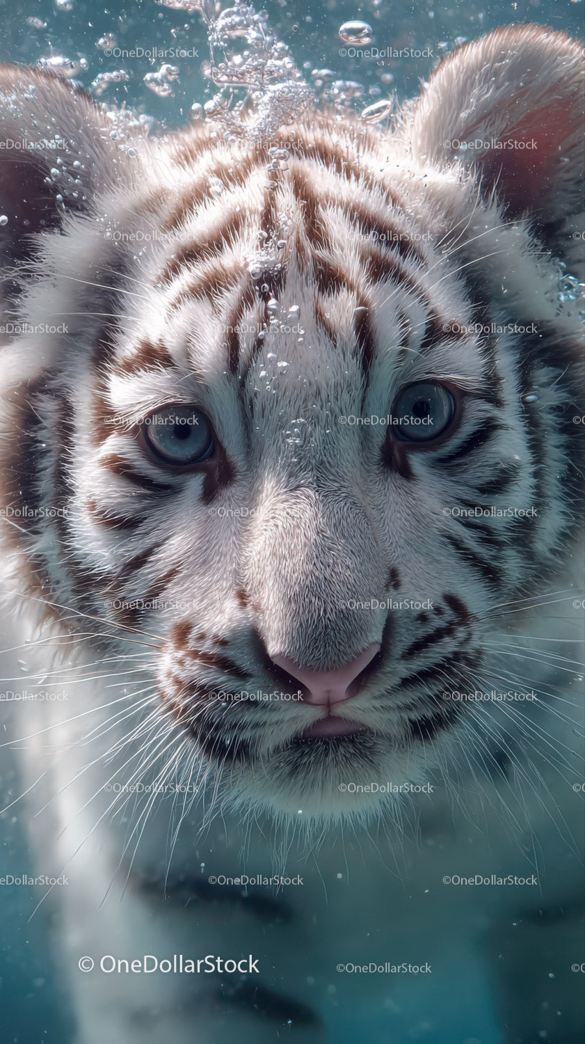 White tiger cub swimming underwater with piercing blue eyes