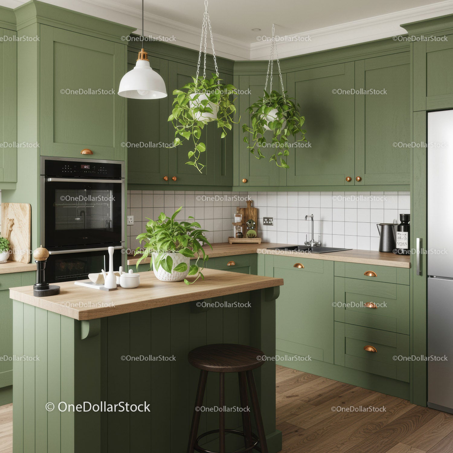 Modern Green Kitchen with Hanging Plants and Wooden Countertops