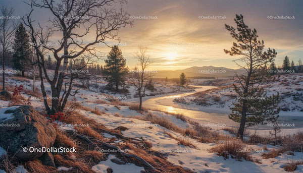 Winter river winding through a snowy forest landscape