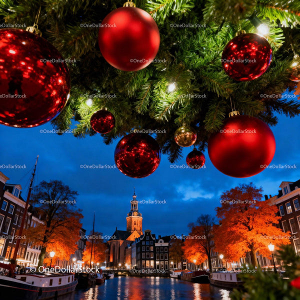 Festive Red Ornaments Hanging Over Historic Canal Town