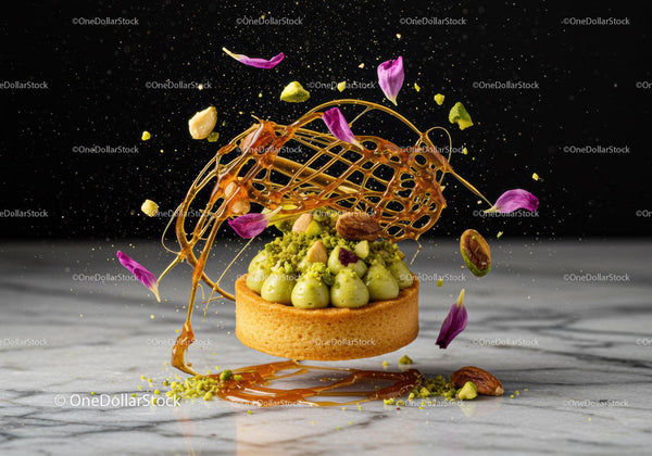 Pistachio tart with caramel decoration and flower petals