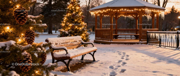 Snowy park bench near decorated Christmas tree at dusk