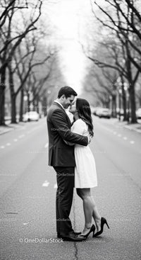 Couple sharing intimate moment on quiet city street