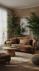 Cozy living room with brown sofa and indoor plants
