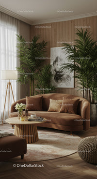 Cozy living room with brown sofa and indoor plants
