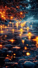 Glowing Orbs Illuminate Frosty Winter Forest Path