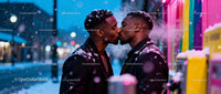 Winter Kiss Between Two Men Near Rainbow Wall