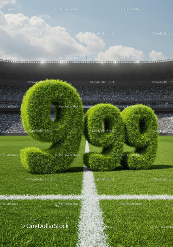 Zielona trawa z liczbami 999 na boisku piłkarskim stadionu