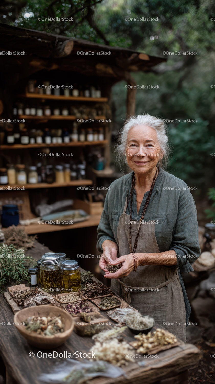 Elderly Woman Selling Organic Herbs at Countryside Herbal Market