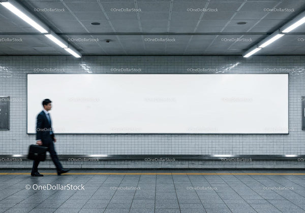 Modern Subway Station with Empty Billboard and Passenger Walking JPG Mockup Image